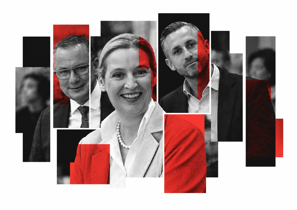 Almanya'nın Saksonya-Anhalt eyaletinde 6 Eylül 2026 tarihinde yapılan eyalet seçimlerinde aşırı sağcı Almanya için Alternatif (AfD), oyların yüzde 44,4'ünü aldı. AfD başbakan adayı Ulrich Siegmund (sağda), eş başkanları Alice Weide (ortada) ve Tino Chrupalla (solda), başkent Berlin'de düzenlenen basın toplantısında açıklamalarda bulundu. | Fotoğraf: Anadolu Images | Değişiklikler: Perspektif